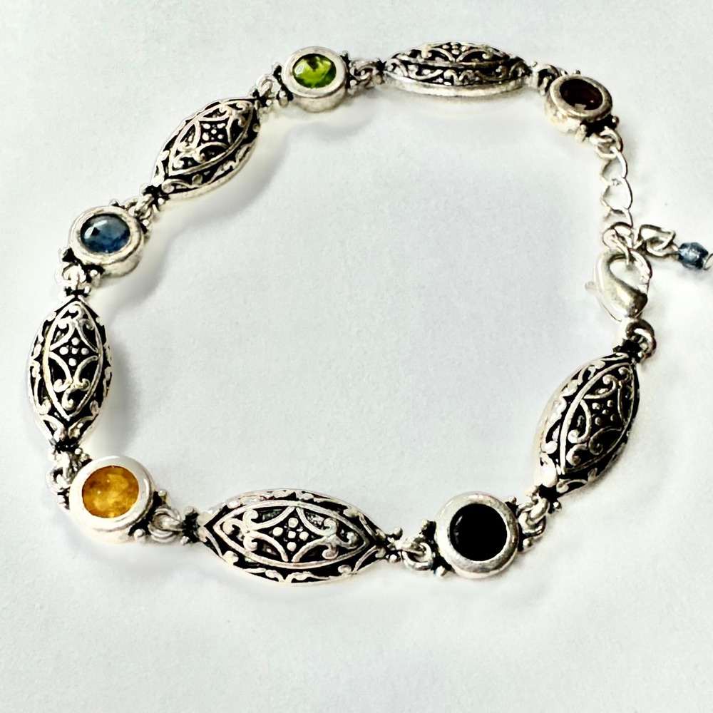 Silver Tone‎ Fashion Bracelet Filigree Oval Links Adjustable Rhinestone Accents